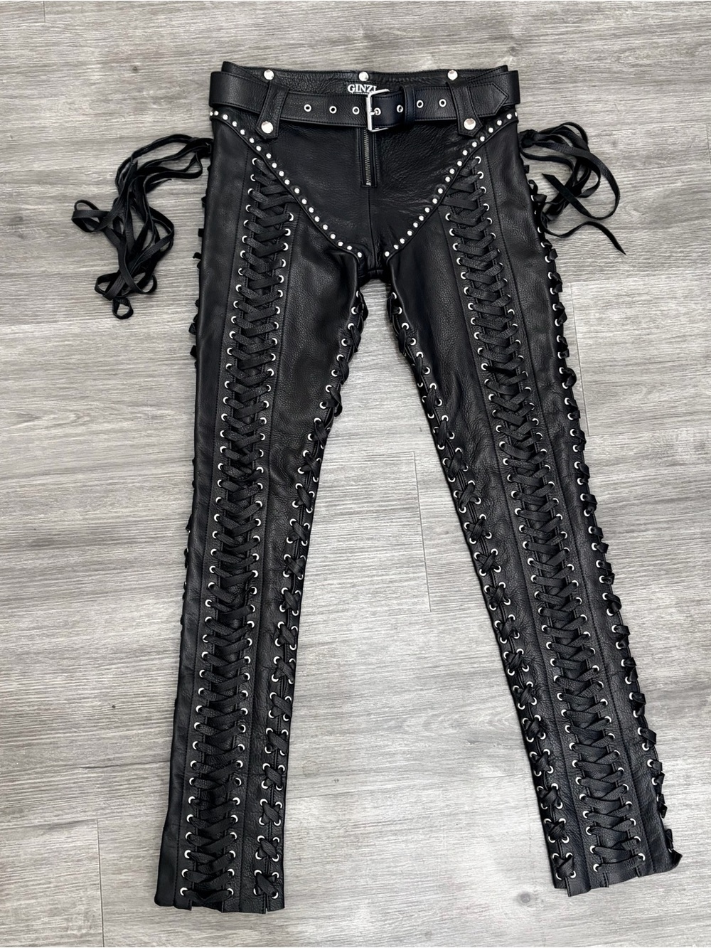 Ginzi black lace up leather skinny pants